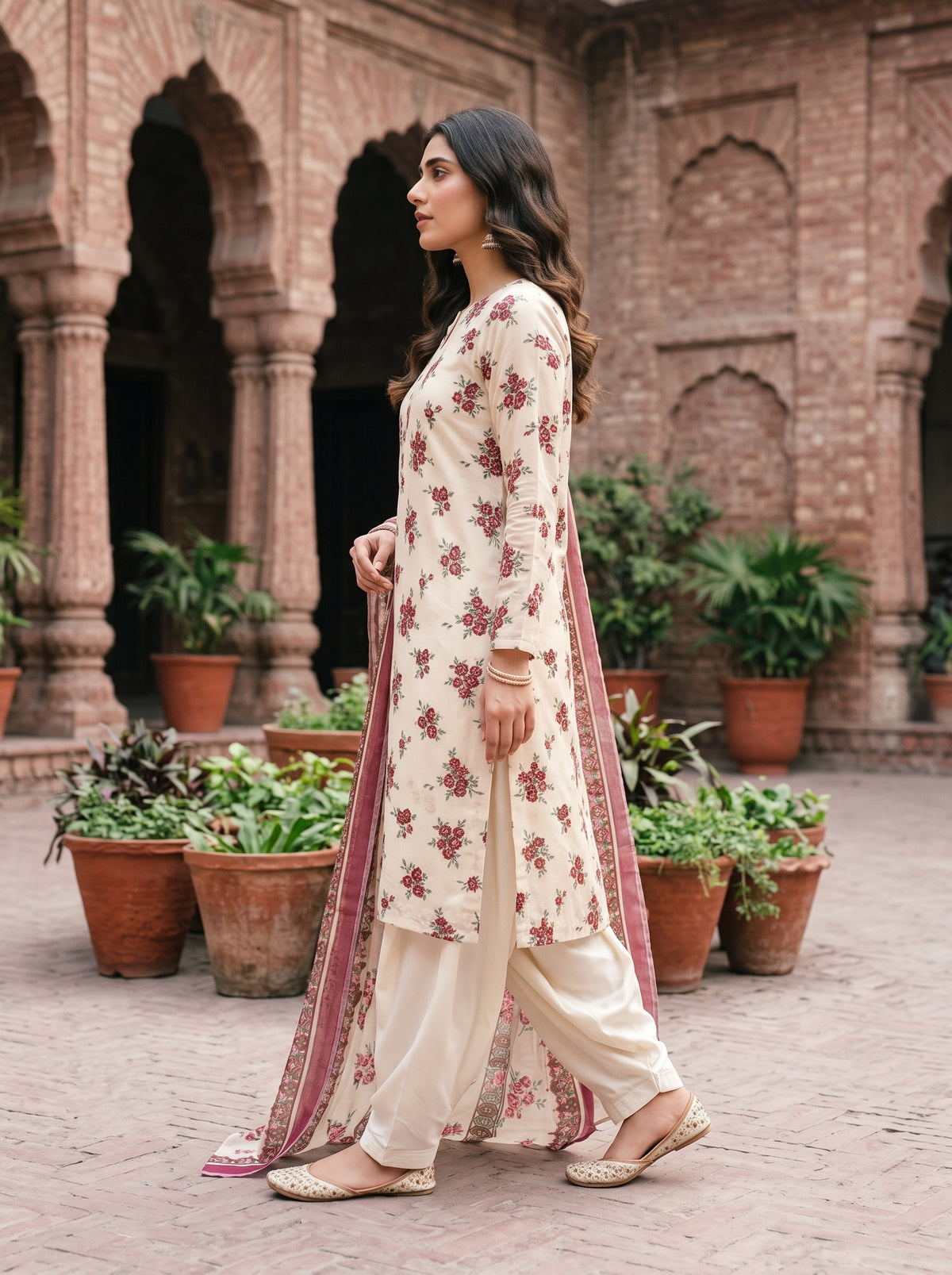 Off-White & Maroon Floral Barosha Silk 3-Piece Unstitched Suit