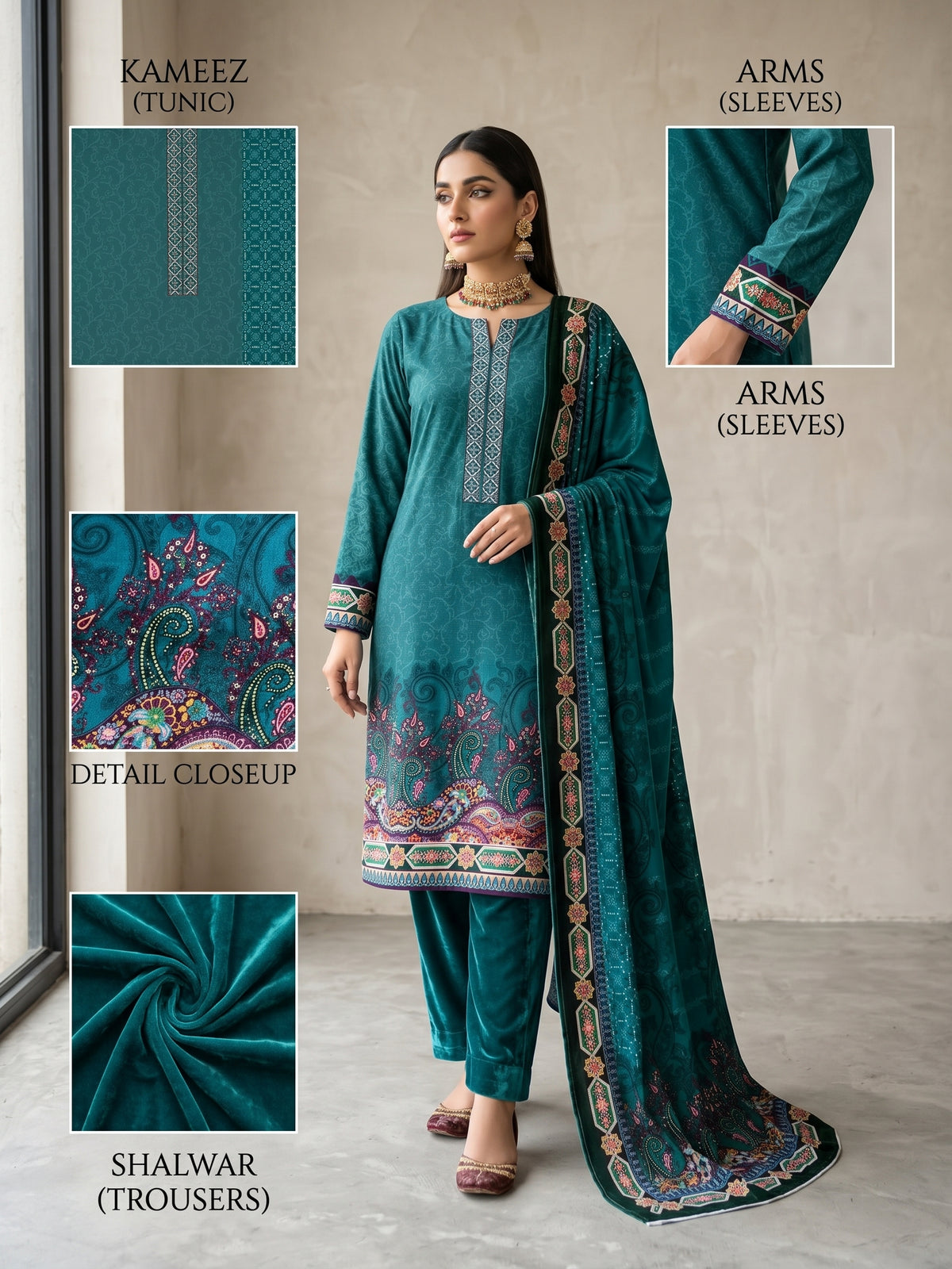 Premium Deep Teal Unstitched Micro Phoenix Print Velvet Suit - 3 Piece (Winter Edition)