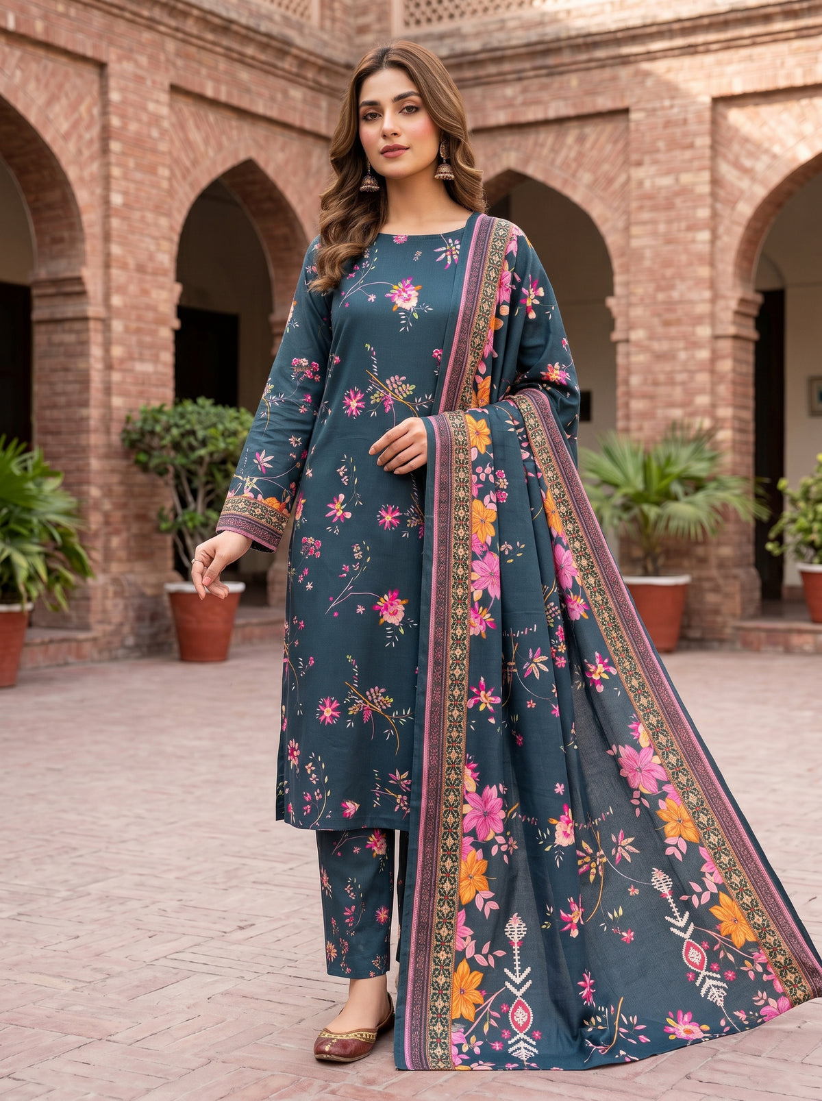 3 Piece Unstitched Printed Viscose Suit with Ribbon Wool Dupatta – Dark Teal Floral