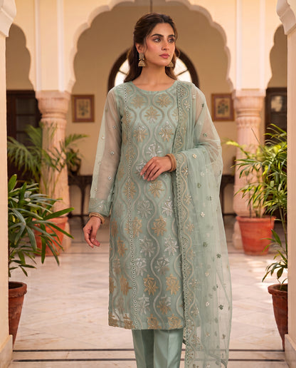 Elegant 3PC Zari Masuri Cotton Net Set with Silk Trouser