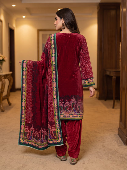 Luxurious 3-Piece Unstitched Micro Phoenix Print Velvet Suit