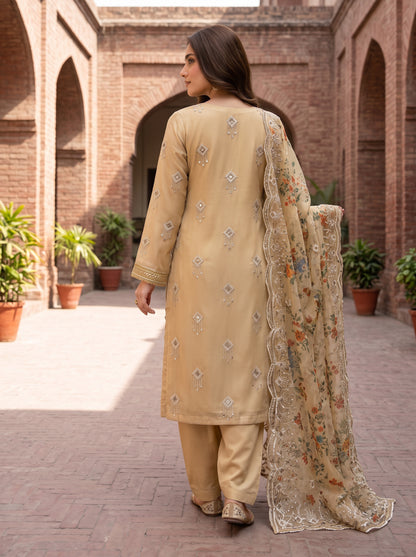 3 Piece Unstitched Zari Masuri Cotton Net Suit with Plain Silk Trouser