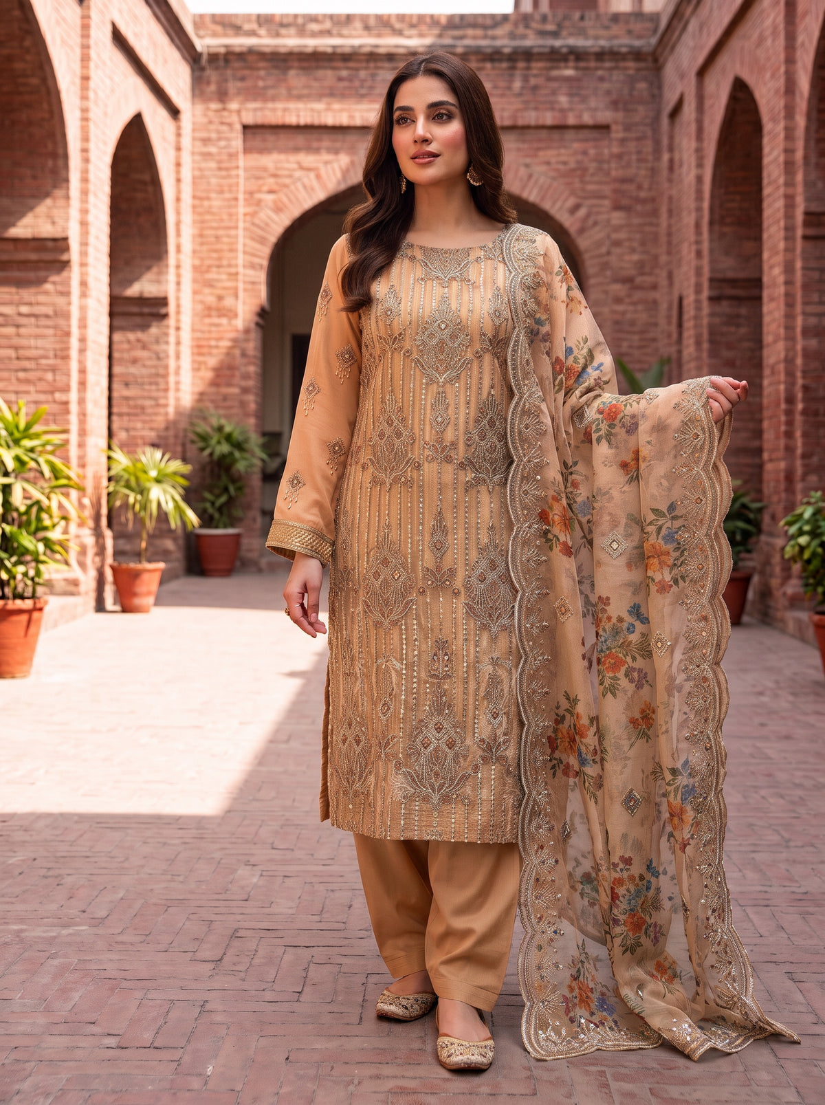 Traditional Unstitched Zari Masuri Cotton Net Suit – Maroon/Gold Accents