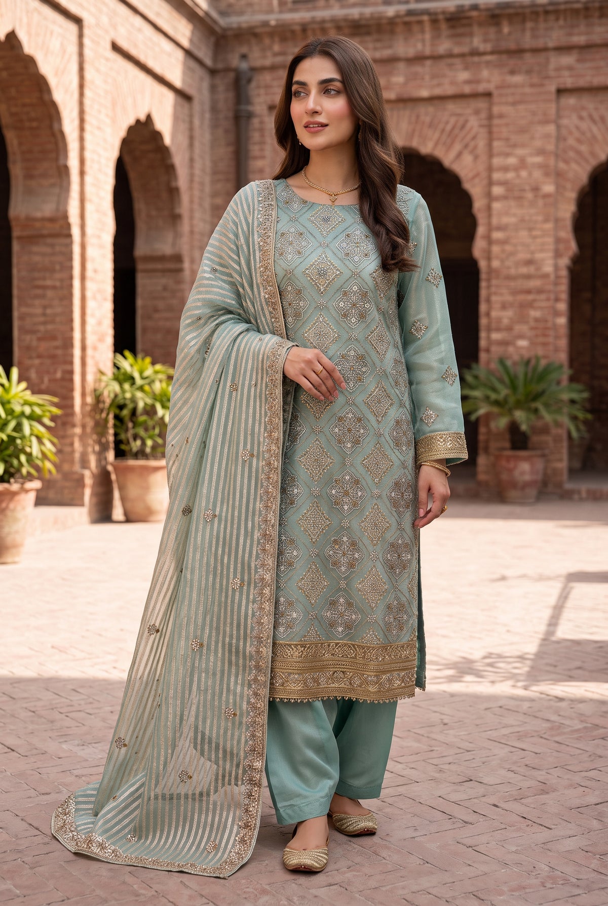Traditional 3 Piece Unstitched Zari Cotton Net Suit with Silk Bottoms