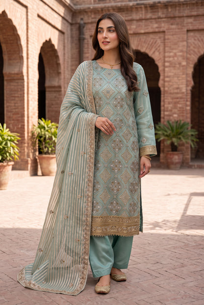 Traditional 3 Piece Unstitched Zari Cotton Net Suit with Silk Bottoms