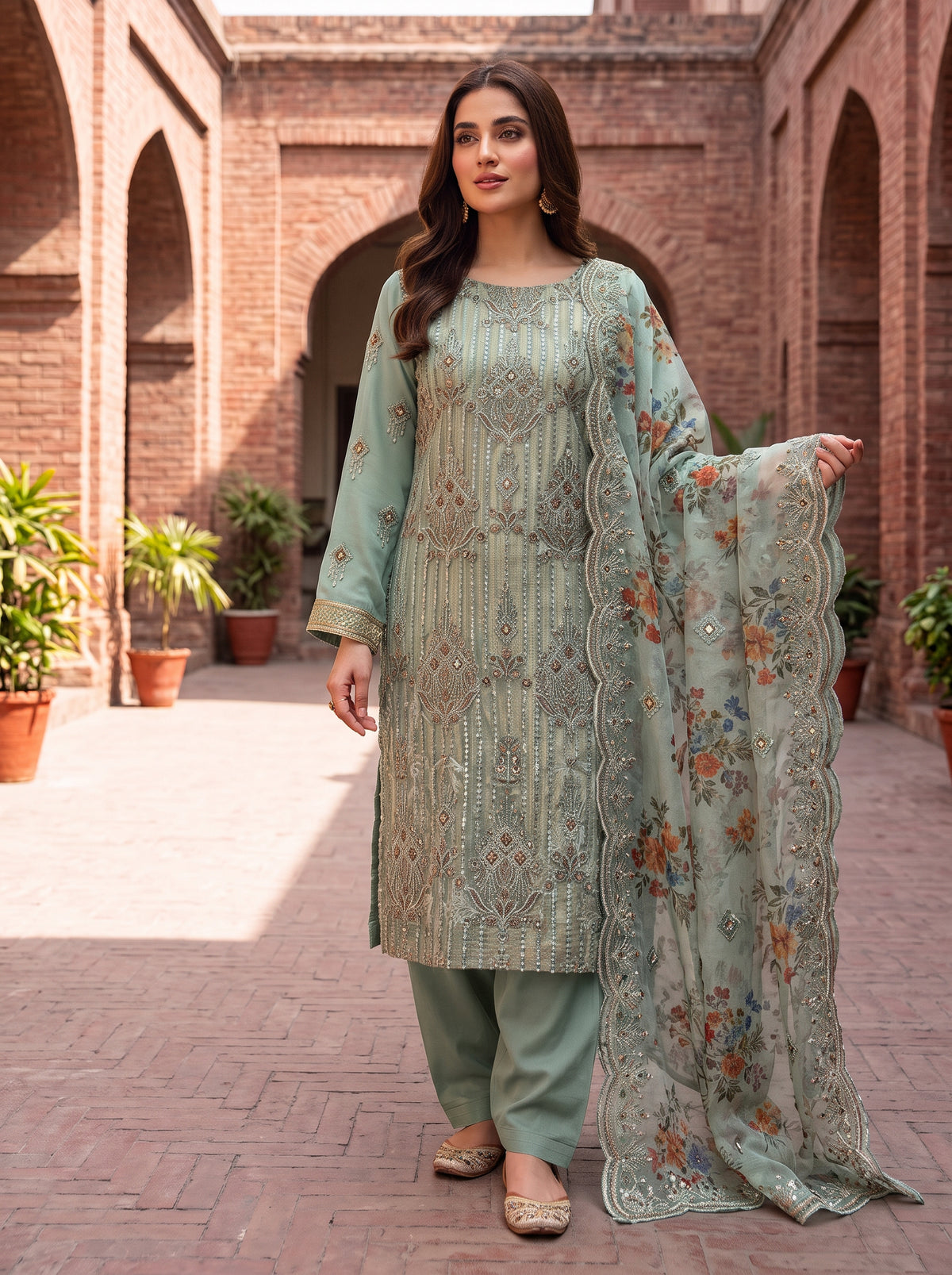 Designer 3 Piece Unstitched Zari Masuri Cotton Net Dress for Women