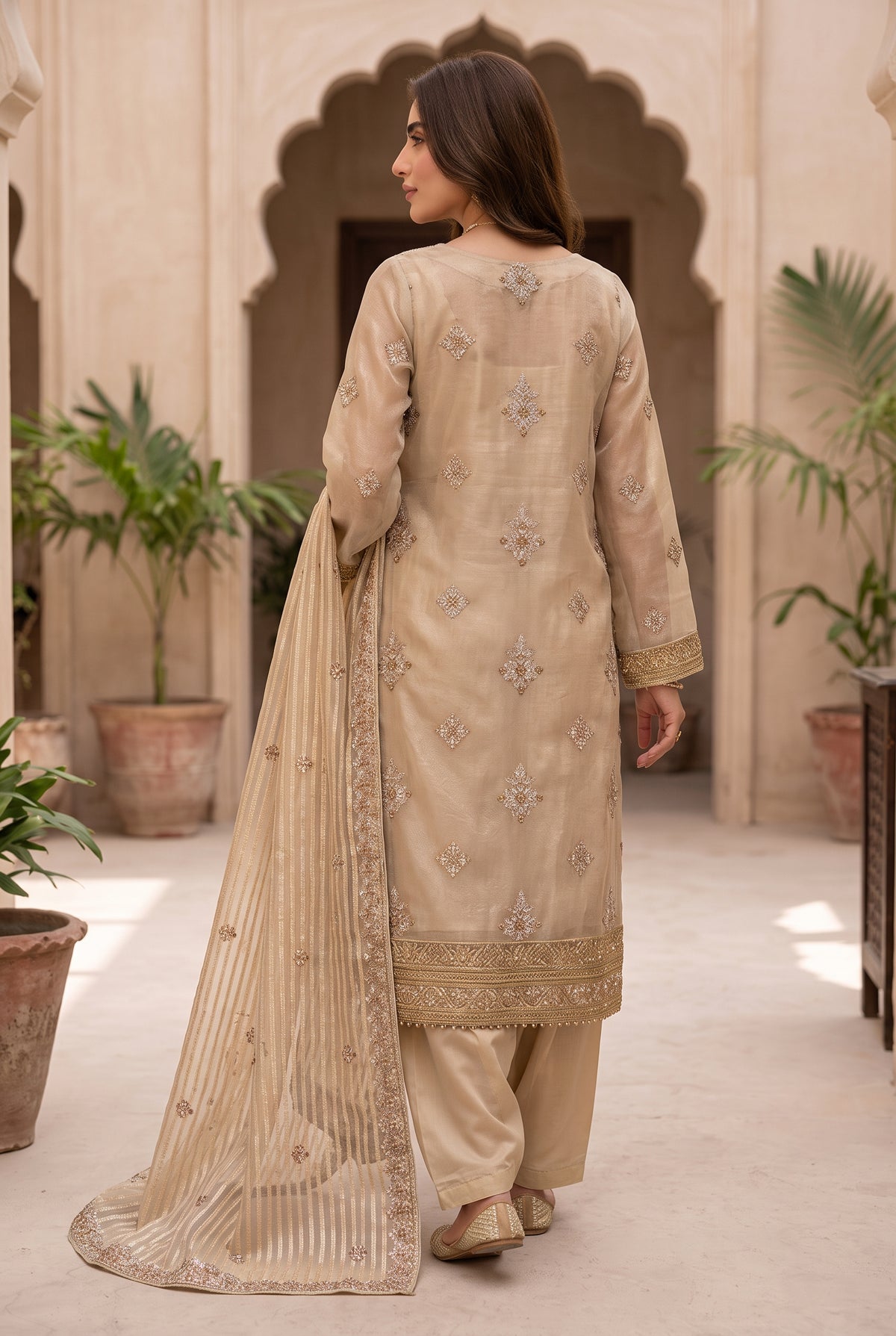 3 Piece Unstitched Zari Measuri Cotton Net Suit with Plain Silk Trouser