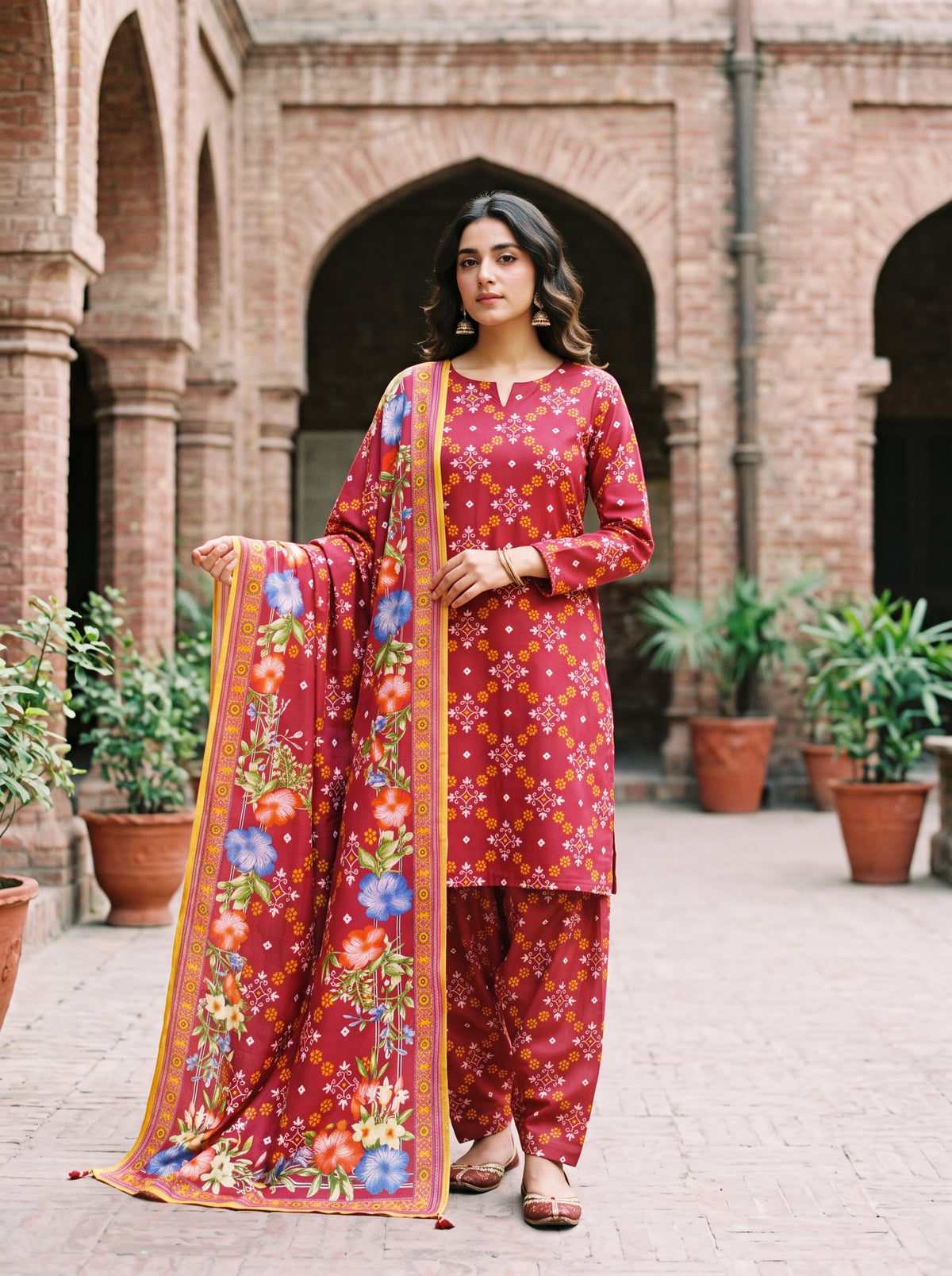 Deep Red Printed Viscose 3-Piece Unstitched Suit | Sale