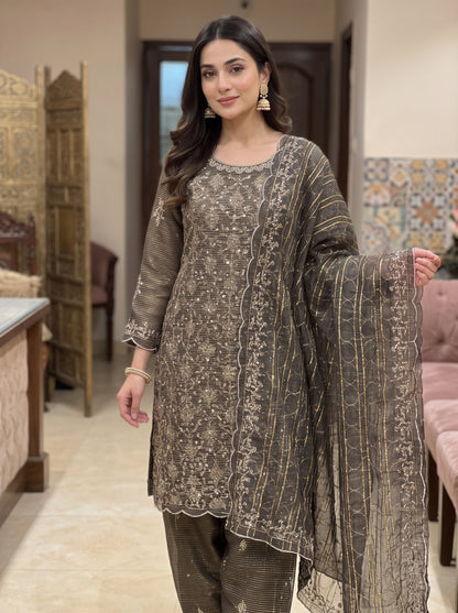 Festive 3Pc Unstitched Zari Measuri Net Outfit with Silk Bottoms