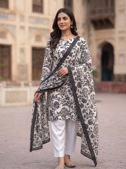 Unstitched Three-Piece Printed Shamoz Silk Attire