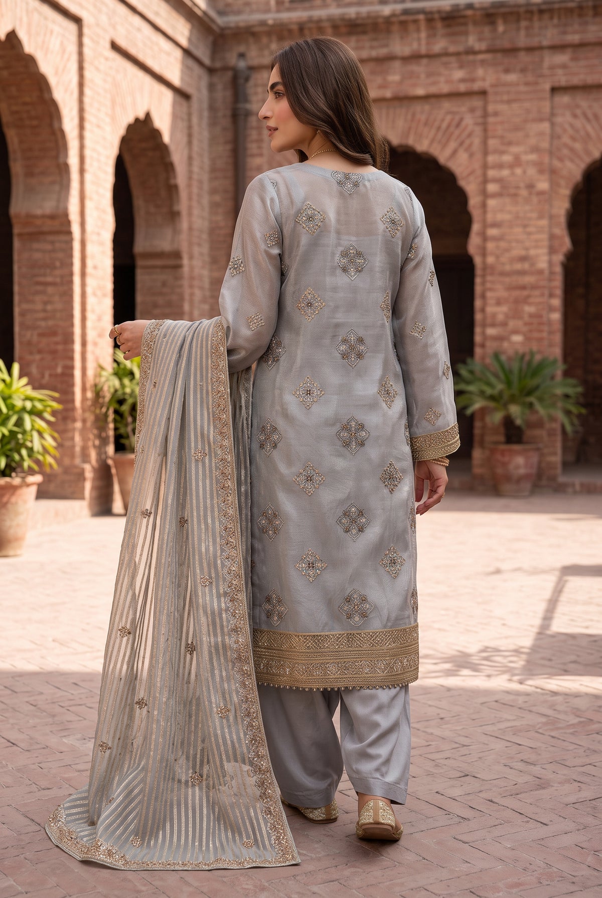Luxury Unstitched Zari Cotton Net 3 Piece Suit | Plain Silk Trouser