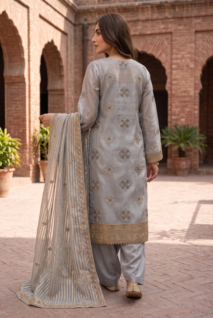 Luxury Unstitched Zari Cotton Net 3 Piece Suit | Plain Silk Trouser