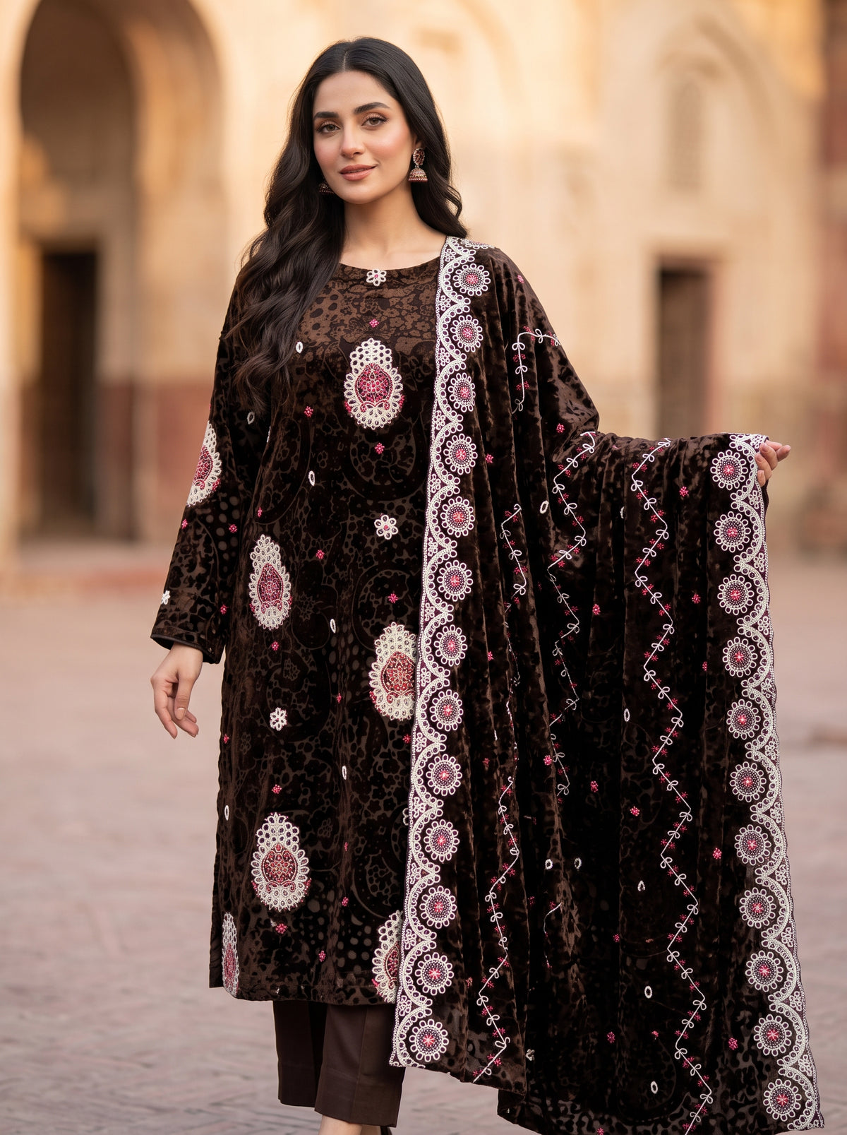 Premium Chocolate Brown Embroidered Luxury 3-Piece Unstitched Suit | Formal Wear
