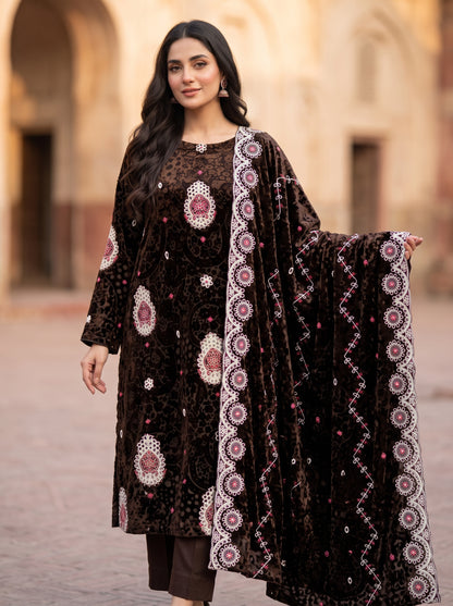 Premium Chocolate Brown Embroidered Luxury 3-Piece Unstitched Suit | Formal Wear