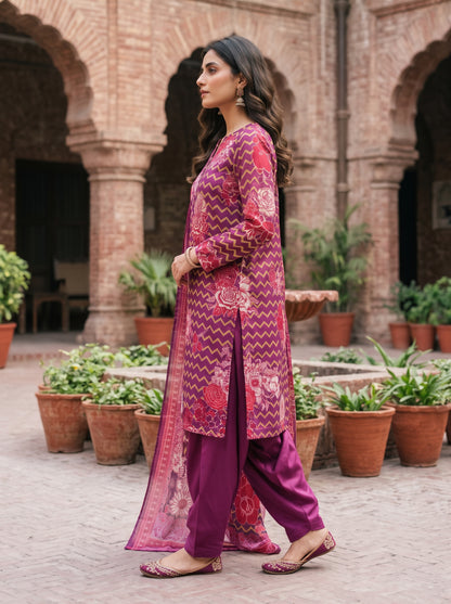 Purple Chevron Floral Barosha Silk 3-Piece Unstitched Suit | Sale