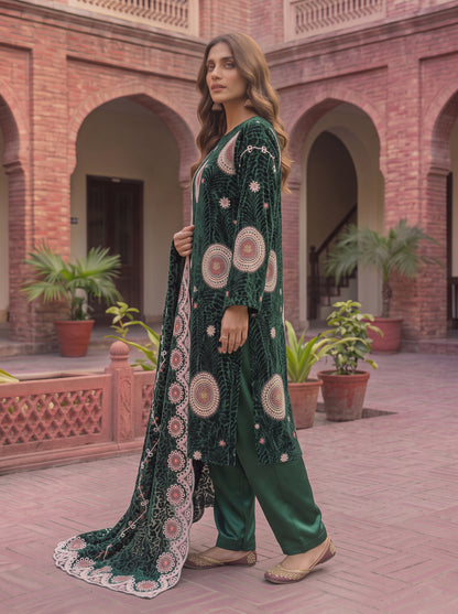 Forest-Green Embroidered 3 Piece Unstitched Suit | Luxury Formal Wear