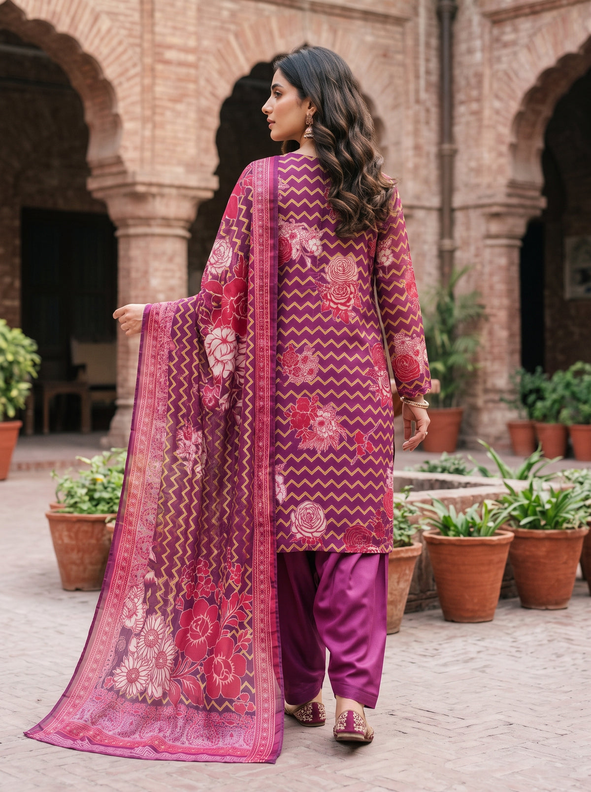 Purple Chevron Floral Barosha Silk 3-Piece Unstitched Suit | Sale
