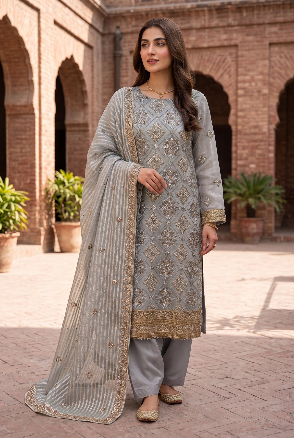 Luxury Unstitched Zari Cotton Net 3 Piece Suit | Plain Silk Trouser