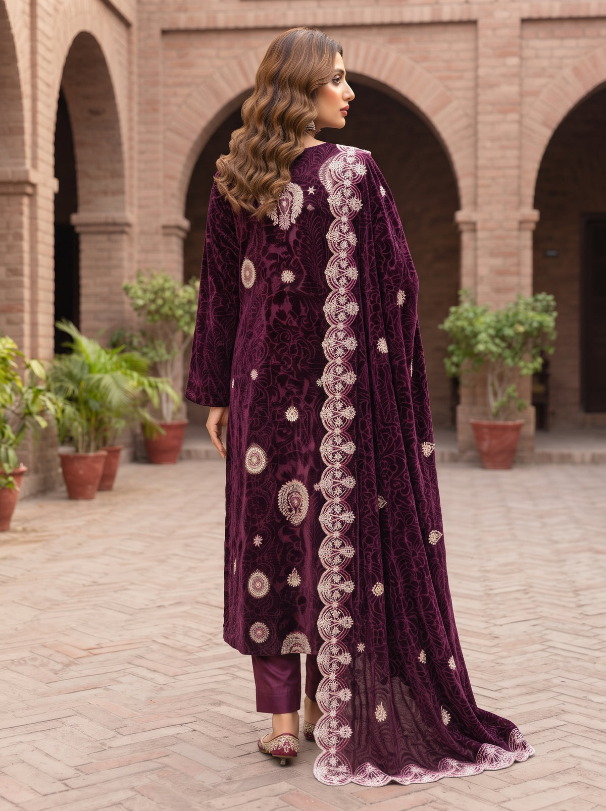 Wine-Purple Embroidered 3 Piece Unstitched Suit | Luxury Formal Wear