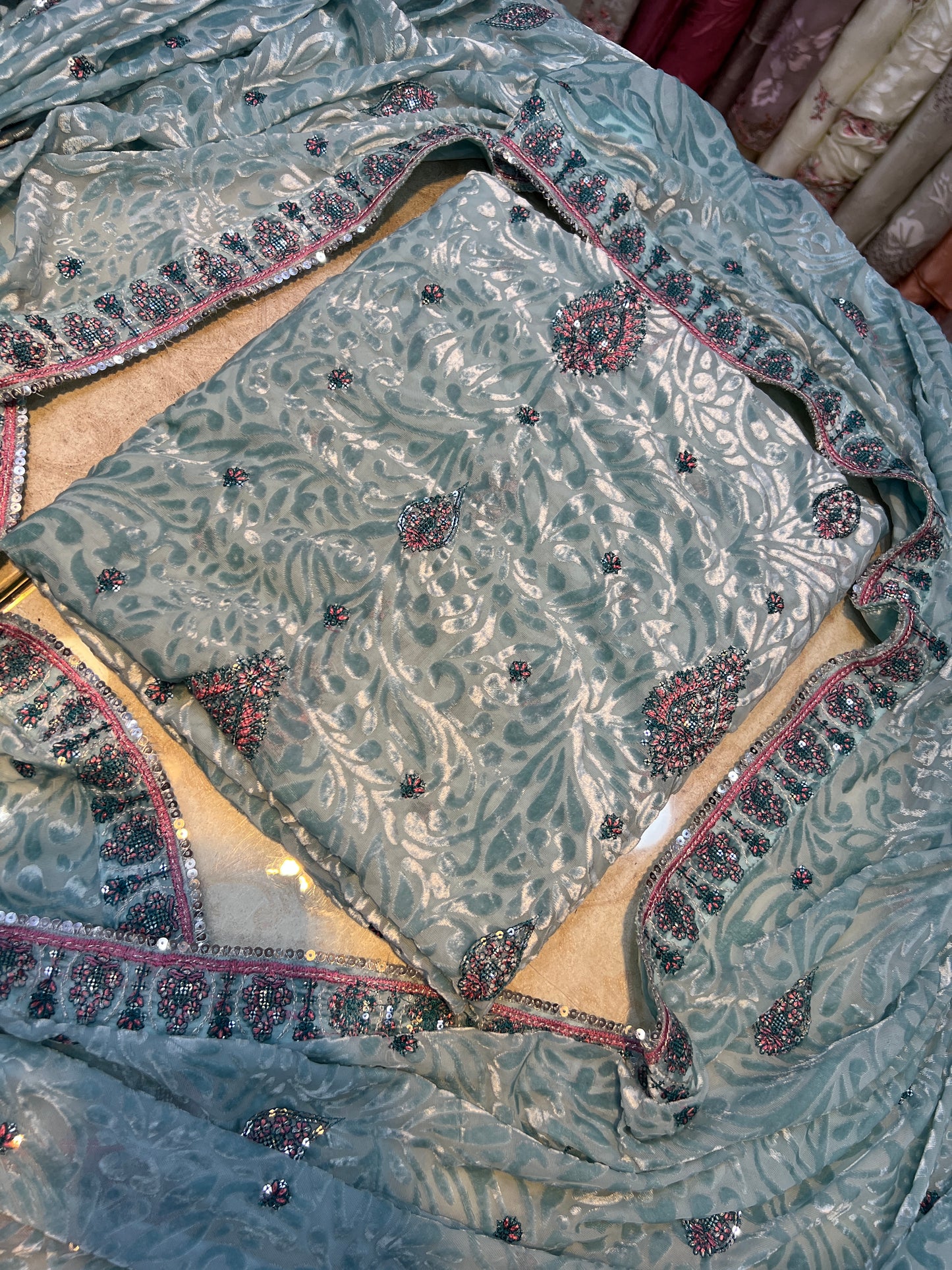 Ice Blue Embroidered Palachi 3 Piece Unstitched Suit