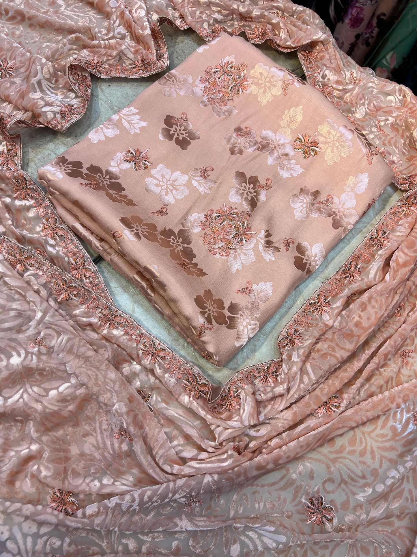 Blush Peach Floral China Pati Silk 3 Piece Unstitched Suit