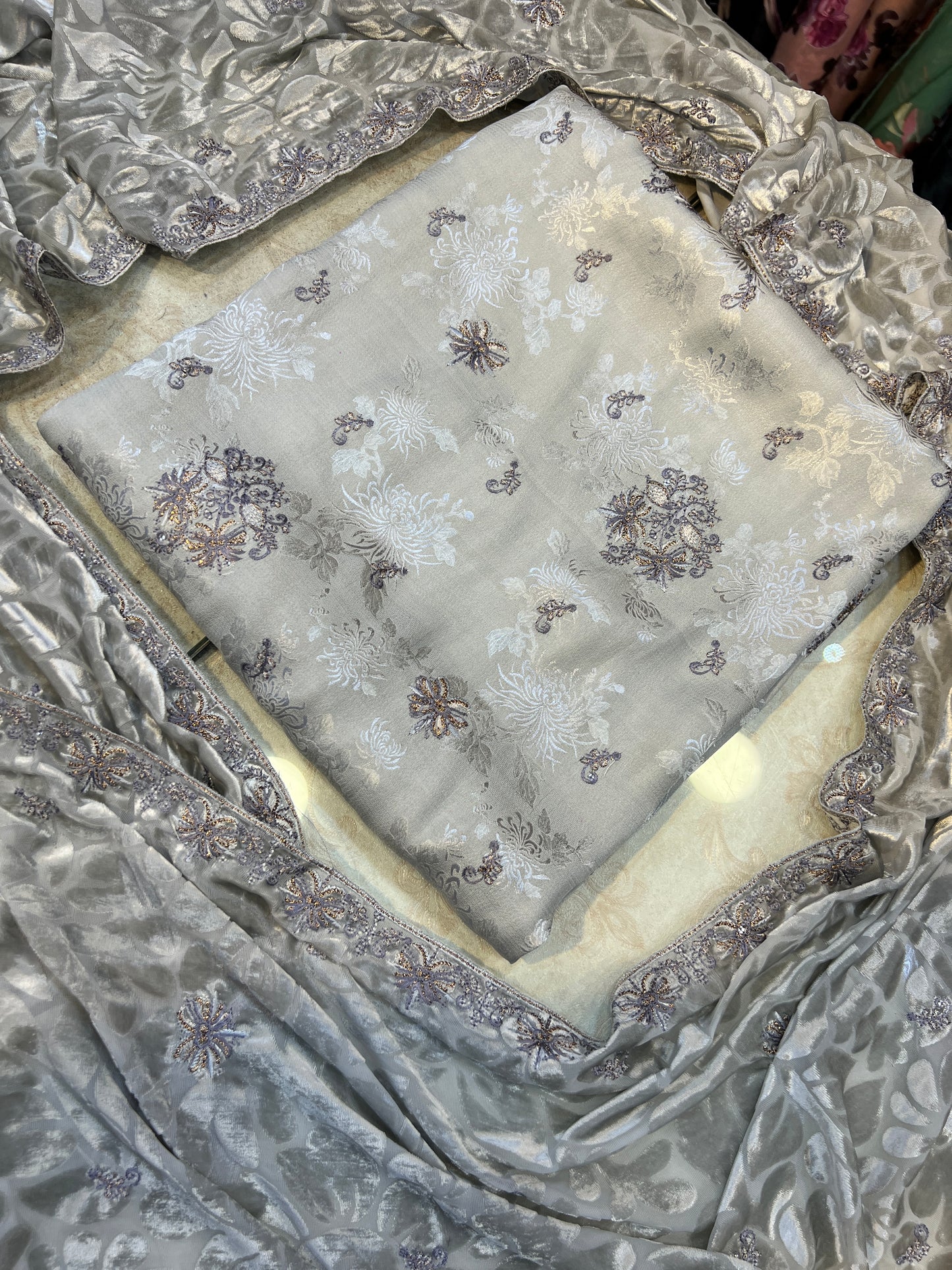 Pearl Ivory &amp; Lilac Floral China Pati Silk 3 Piece Unstitched Suit