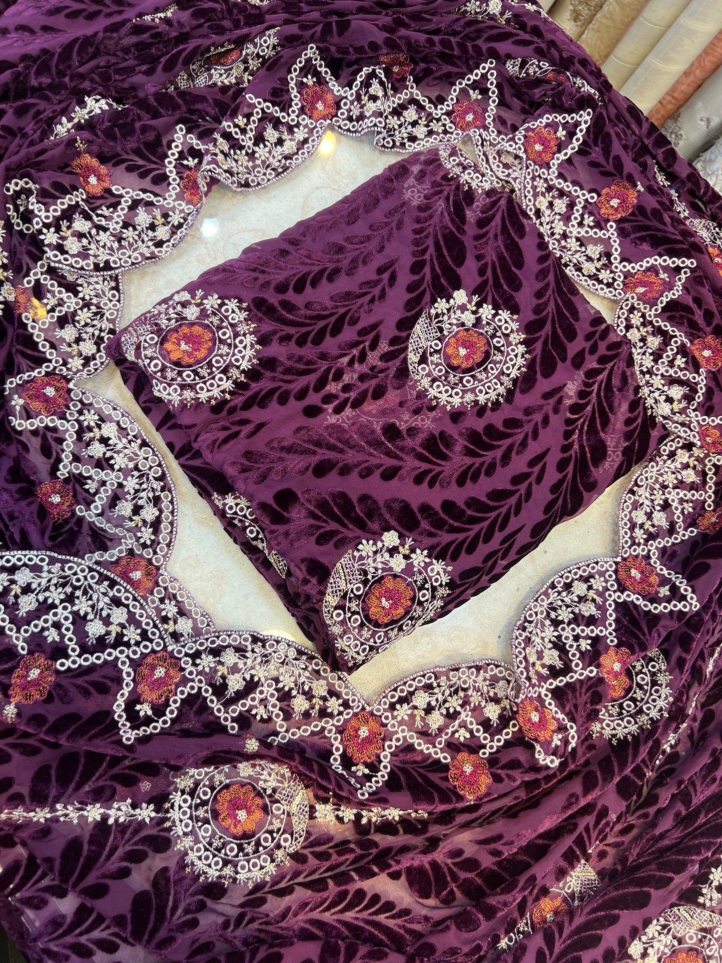 Plum Embroidered Palachi 3 Piece Unstitched Suit