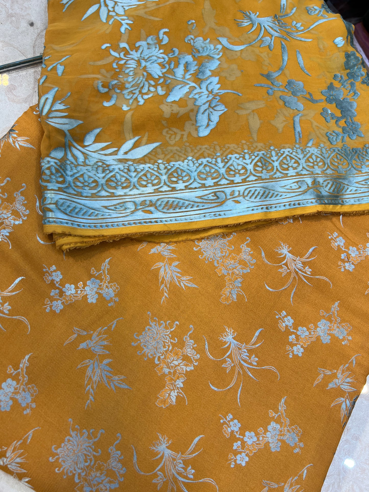 Mustard Gold Pure China Pati Silk 3 Piece Unstitched Suit