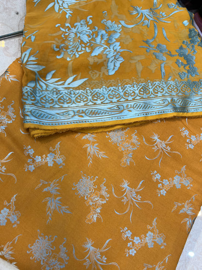 Mustard Gold Pure China Pati Silk 3 Piece Unstitched Suit