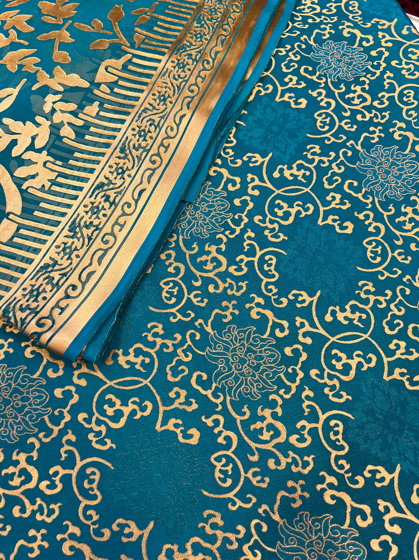 Teal Gold Pure China Pati Silk 3 Piece Unstitched Suit