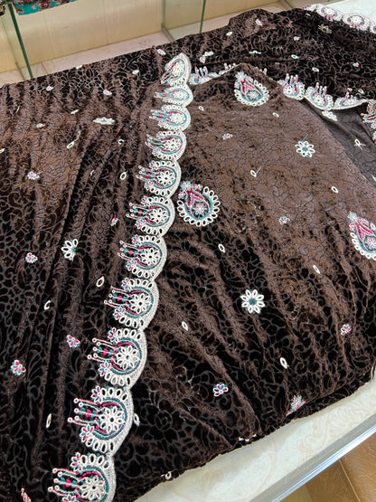 Chocolate Brown Embroidered Palachi 3 Piece Unstitched Suit