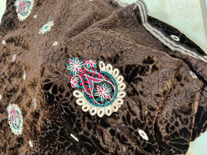Chocolate Brown Embroidered Palachi 3 Piece Unstitched Suit