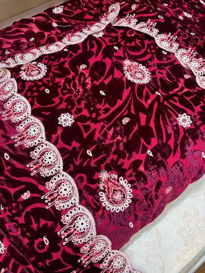 Raspberry Wine Embroidered Palachi 3 Piece Unstitched Suit
