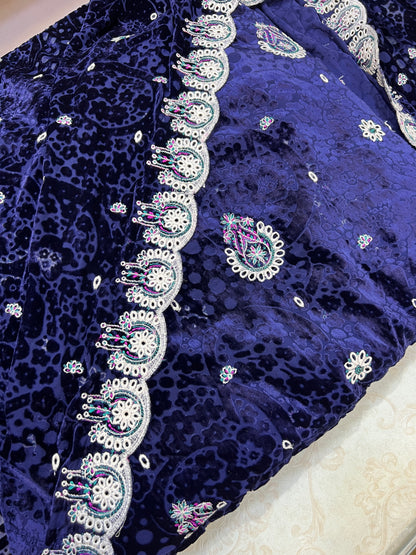 Royal Blue Embroidered Palachi 3 Piece Unstitched Suit