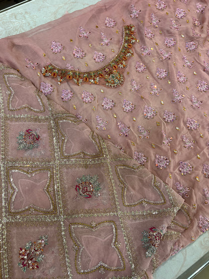 Dusty Rose Embroidered Chiffon 3-Piece Unstitched Suit