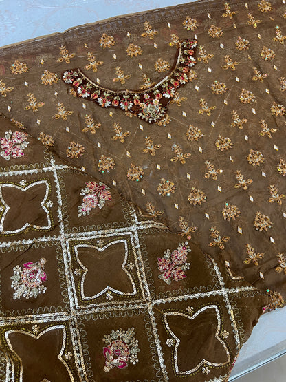 Olive Brown Embroidered Chiffon 3-Piece Unstitched Suit