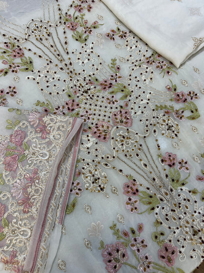 Pearl White Embroidered Chiffon 3-Piece Unstitched Suit