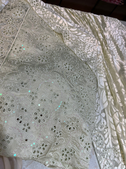 Silver Sage Embroidered Ambose Silk 3-Piece Unstitched Suit
