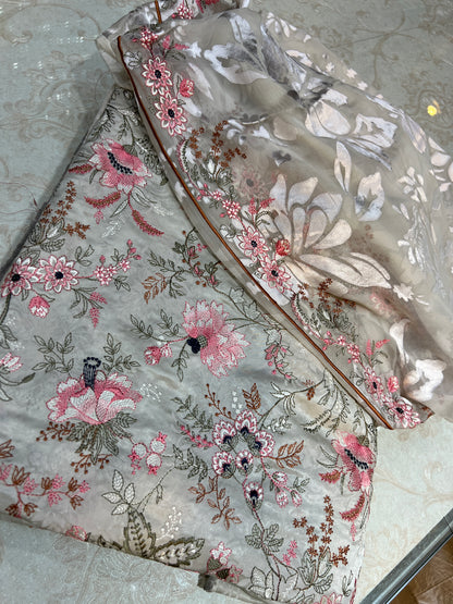Pearl Grey Embroidered Ambose Silk 3-Piece Unstitched Suit