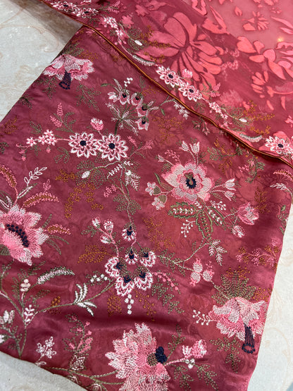 Berry Rose Embroidered Ambose Silk 3-Piece Unstitched Suit
