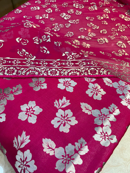 Fuchsia Pink Pure China Pati Silk 3 Piece Unstitched Suit