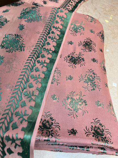 Dusty Rose Emerald Pure China Pati Silk 3 Piece Unstitched Suit