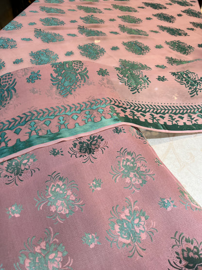 Dusty Rose Emerald Pure China Pati Silk 3 Piece Unstitched Suit