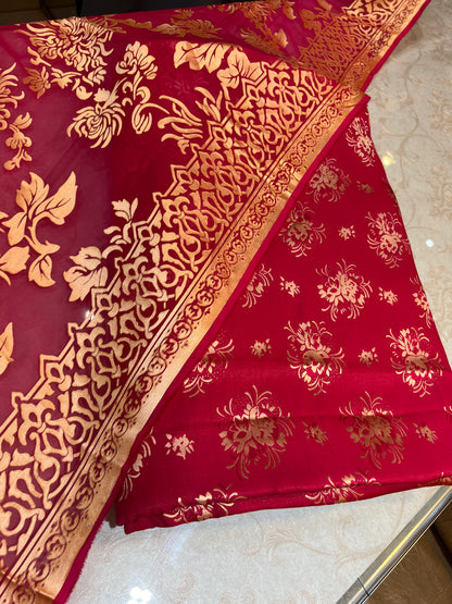 Ruby Fuchsia Gold Pure China Pati Silk 3 Piece Unstitched Suit