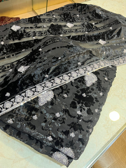 Charcoal Black Silver Embroidered Palachi 3 Piece Unstitched Suit