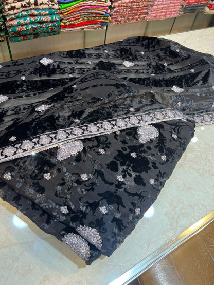 Charcoal Black Silver Embroidered Palachi 3 Piece Unstitched Suit