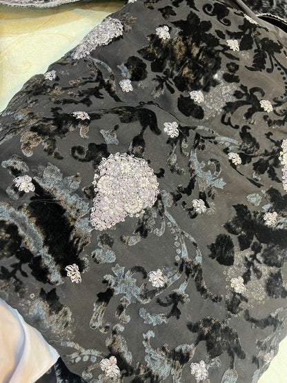 Charcoal Black Silver Embroidered Palachi 3 Piece Unstitched Suit