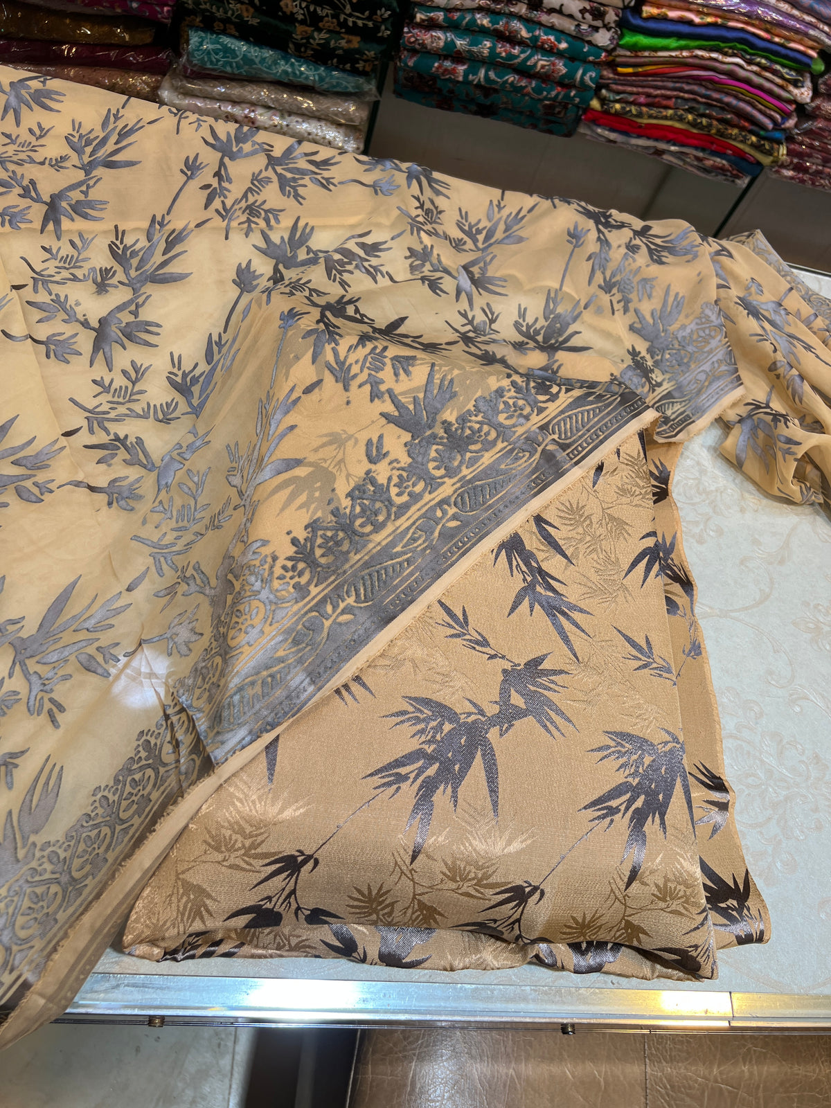 Champagne Beige Pure China Patti Silk 3 Piece Unstitched Suit