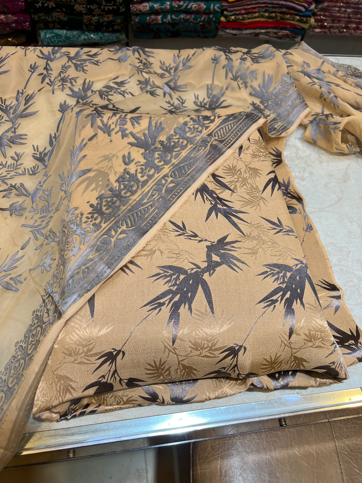 Champagne Beige Pure China Patti Silk 3 Piece Unstitched Suit