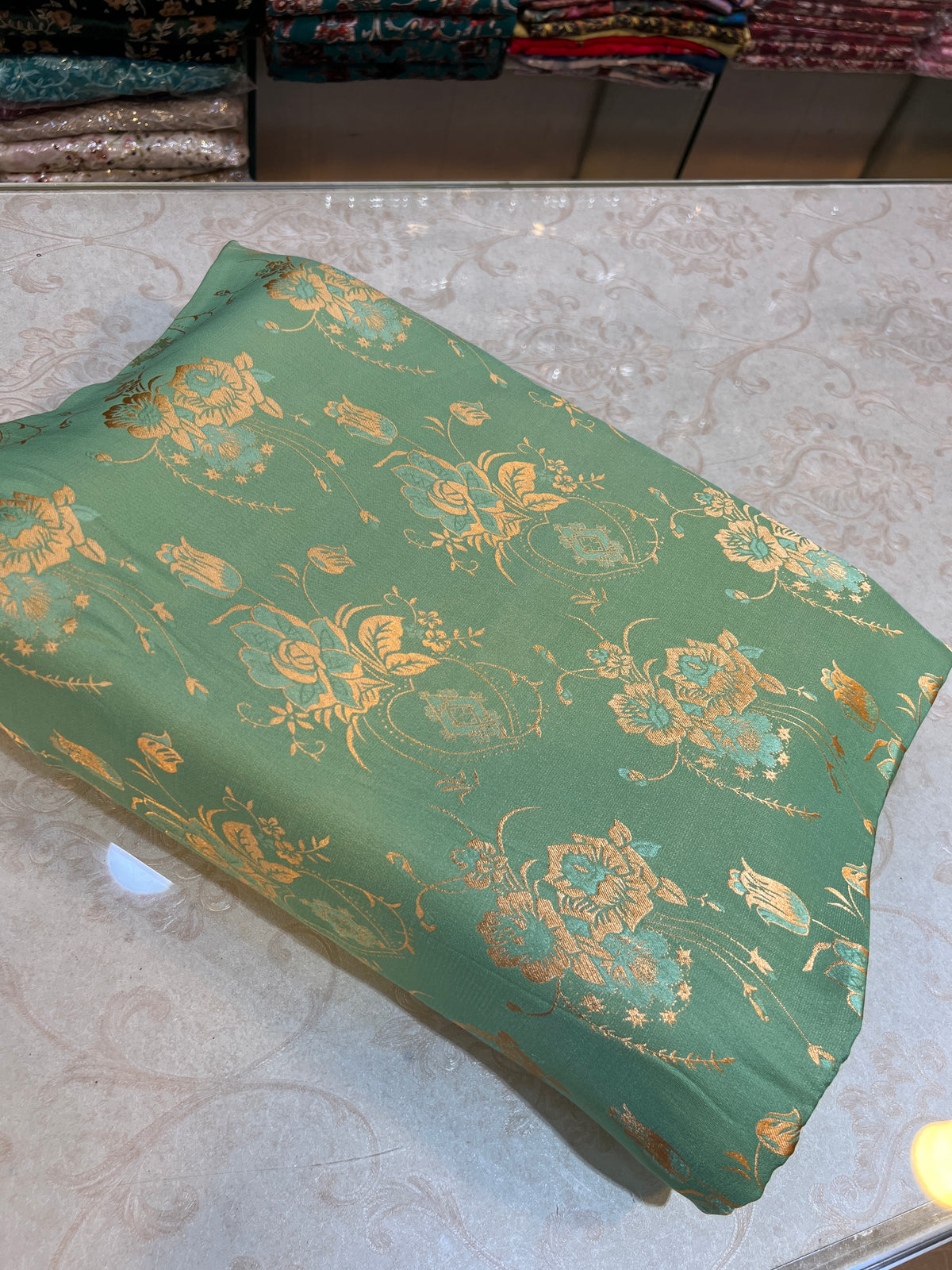 Mint Green Gold Pure China Patti Silk 3 Piece Unstitched Suit